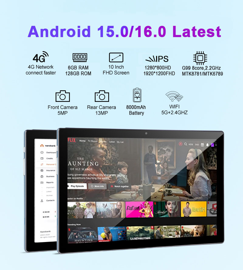 10 Inch MTK8781 Octa Core G99 Tablet with Android 15 4G LTE GPS 5G WIFI 6GB RAM 128GB ROM Business KeyboardGPS tablets